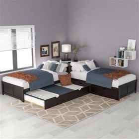 L-shaped Platform Bed with Trundle and Drawers Linked with built-in Desk,Twin,Espresso