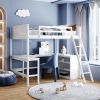 Full size Loft Bed with Shelves and Desk, Wooden Loft Bed with Desk - White