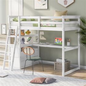 Twin Size Loft Bed with Desk and Shelves, Two Built-in Drawers, White