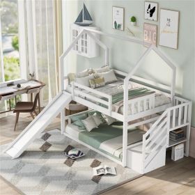 House Bunk Bed with Convertible Slide,Storage Staircase,White