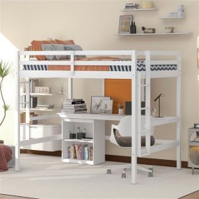 Full size Loft Bed with Desk and Writing Board, Wooden Loft Bed with Desk & 2 Drawers Cabinet- White