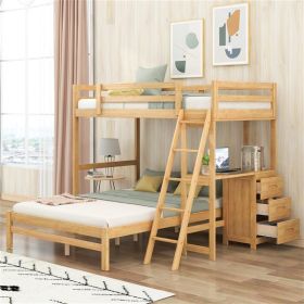 Twin over Full Bunk Bed with Built-in Desk and Three Drawers,Natural