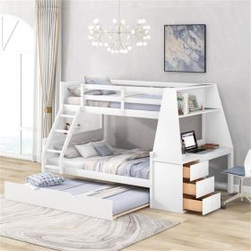 Twin over Full Bunk Bed with Trundle and Built-in Desk, Three Storage Drawers and Shelf,White