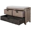 Storage Bench with Removable Basket and 2 Drawers, Fully Assembled Shoe Bench with Removable Cushion (White Washed)