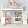 Twin Size Loft Bed with L-Shaped Desk and Drawers, Cabinet and Storage Staircase, White