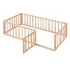 Twin Size Wood Floor Bed Frame with Fence and Door, Natural