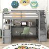 Full Size Loft Bed with Desk and Shelves, Two Built-in Drawers, Storage Staircase, Gray