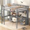 Full Size Loft Bed with Desk, Cabinets, Drawers and Bedside Tray, Charging Station, Gray