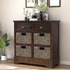 Rustic Storage Cabinet with Two Drawers and Four Classic Rattan Basket for Dining Room/Living Room (Espresso)