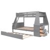 Twin over Full Bunk Bed with Trundle and Built-in Desk, Three Storage Drawers and Shelf,Gray