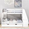 Twin over Full Bunk Bed with Trundle and Built-in Desk, Three Storage Drawers and Shelf,White