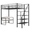 Twin Size Metal Loft Bed with Bench and Storage Staircase, Black