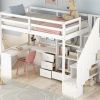 Twin Size Loft Bed with L-Shaped Desk and Drawers, Cabinet and Storage Staircase, White