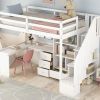 Twin Size Loft Bed with L-Shaped Desk and Drawers, Cabinet and Storage Staircase, White