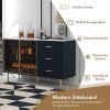 Modern Sideboard MDF Buffet Cabinet Marble Sticker Tabletop and Amber-yellow Tempered Glass Doors with Gold Metal Legs & Handles (Navy Blue)