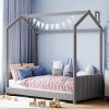 Twin Size Velvet House Bed Wood Bed, Gray