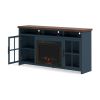 Bridgevine Home Nantucket 74 inch Fireplace TV Stand Console for TVs up to 85 inches, Minimal Assembly, Blue Denim and Whiskey Finish